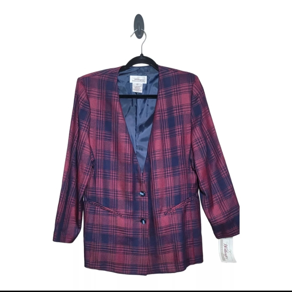NWT Vintage Worthington Women’s Blazer Jacket Sz 10 Petite Plaid Burgundy Blue